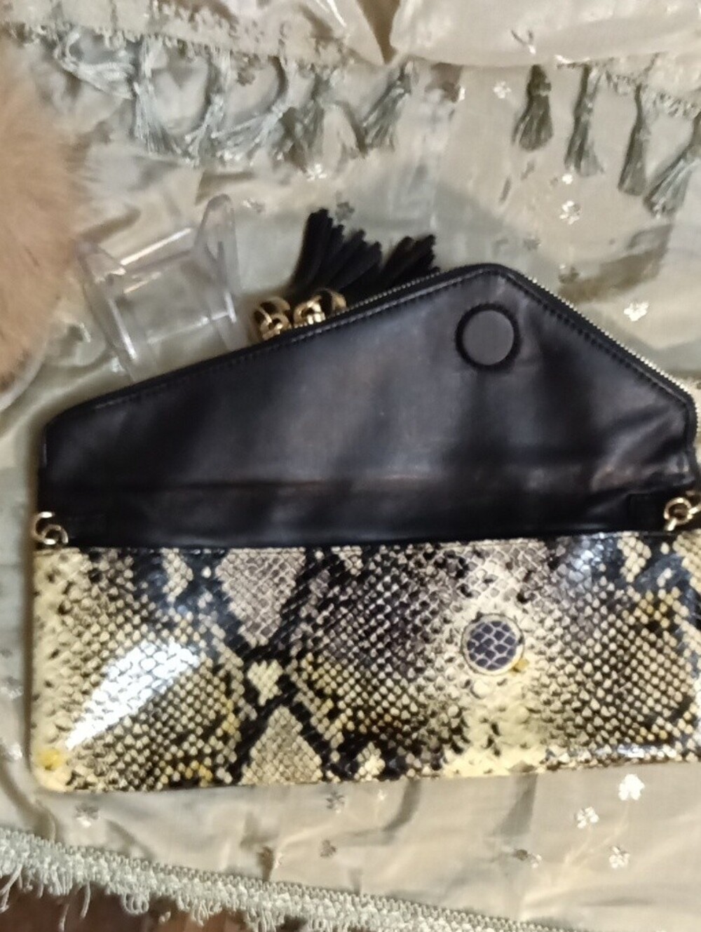 Henri Bendel Snake-Print Foldover Clutch with Tassel - Black & Tan - Picture 4 of 9